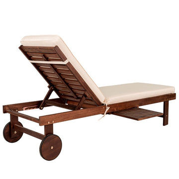 Seabrook Outdoor Acacia Wood Lounger with Cushion, 5-Position Back, Slide Table & Wheels - JONATHAN Y